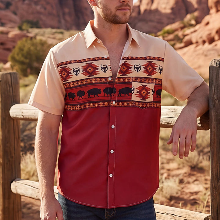 Men's Beige & Red Western Buffalo Aztec Print Shirt - Beige & Red - 5XL - image 0