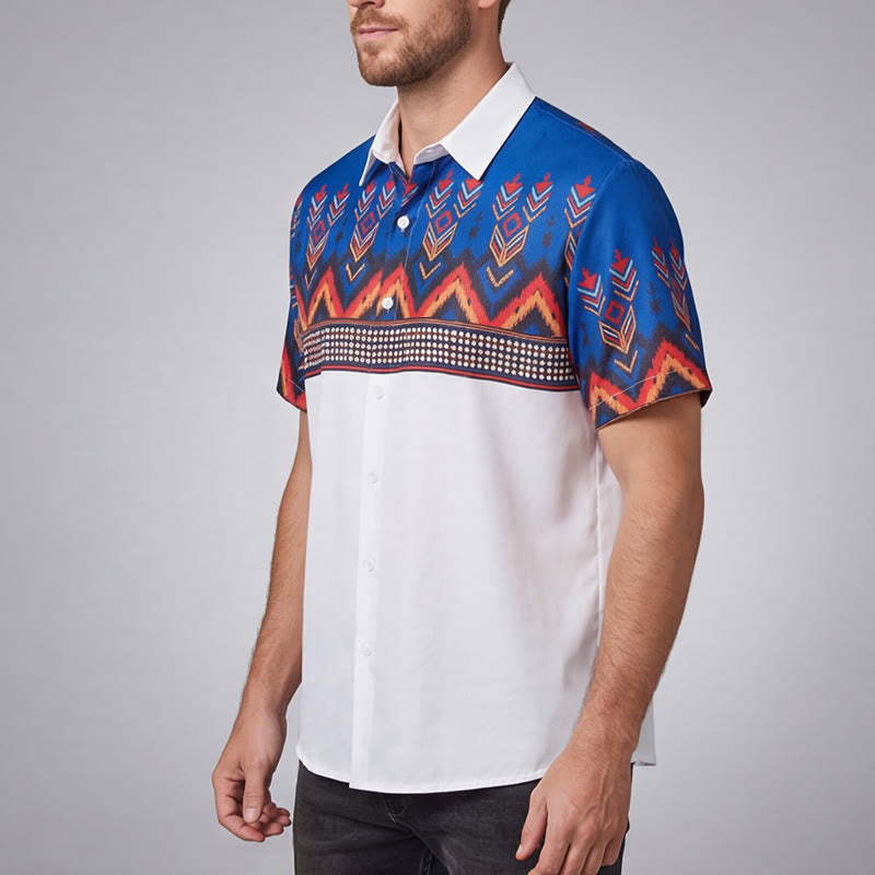 Men's Blue & White Tribal Aztec Geometric Border Print Shirt - image 2