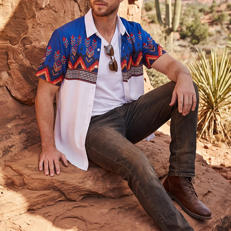 Men's Blue & White Tribal Aztec Geometric Border Print Shirt - Blue & White - 6XL - image 0