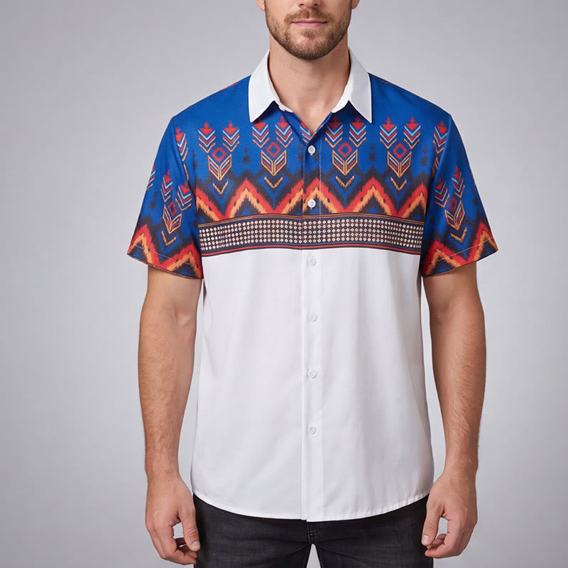 Men's Blue & White Tribal Aztec Geometric Border Print Shirt - image 1