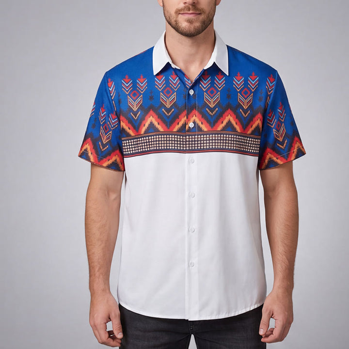 Men's Blue & White Tribal Aztec Geometric Border Print Shirt - image 1
