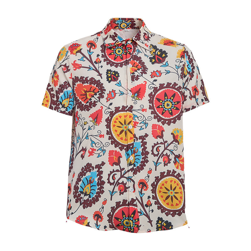 Retro Boho Red & Yellow Mandala Flower Pattern Shirt - image 9