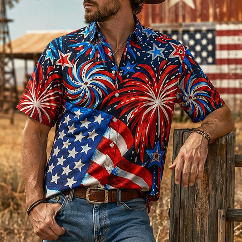 American Flag & Firework Print Patriotic Summer Shirt - Red & Blue - 4XL - image 0
