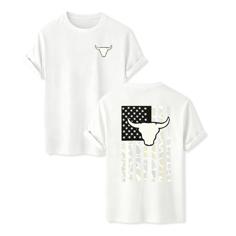 Patriotic Western American Flag Bull Skull T-shirt - White - 2XL - image 7