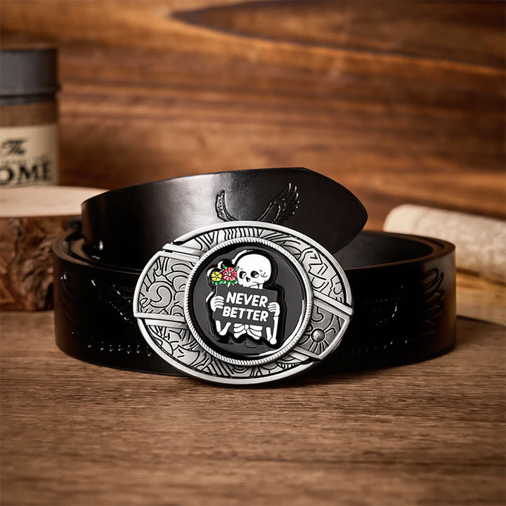 NEVER BETTER Skeleton DIY Hidden Folding Knife Buckle Leather Belt - Skeleton - Black Embossed Eagle Belt - 42 - image 2