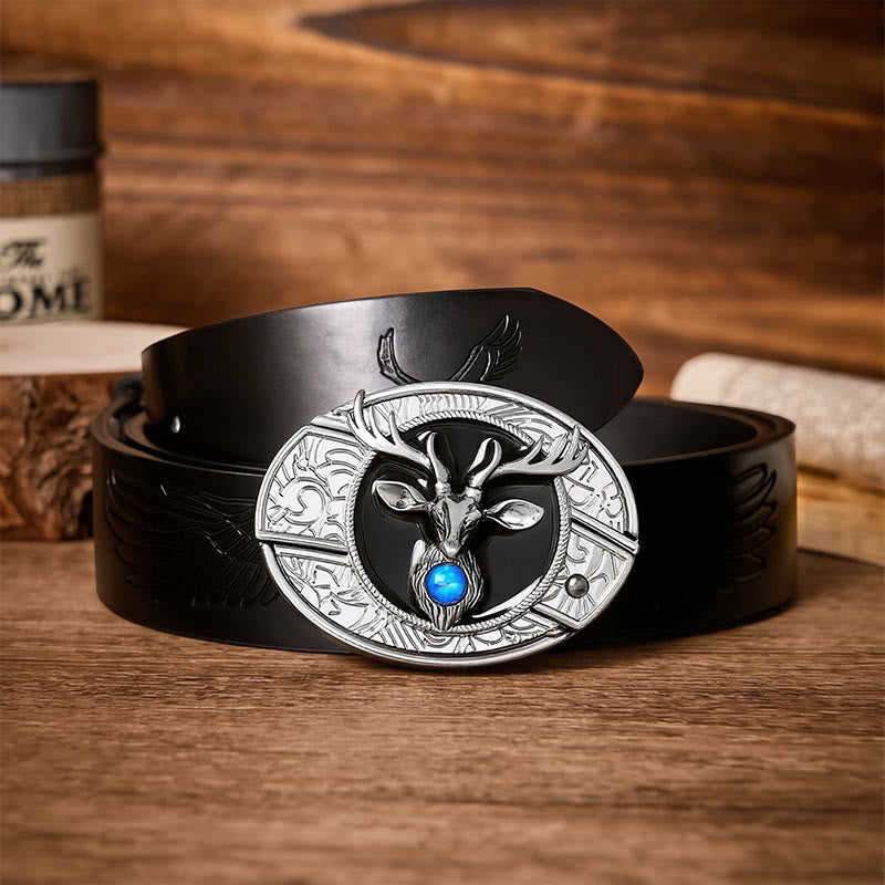 Mystic Stag Head DIY Hidden Folding Knife Buckle Leather Belt - Stag - Black Embossed Eagle Belt - 42 - image 2