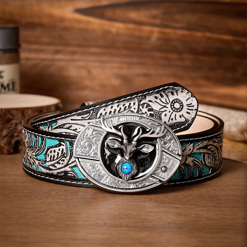 Mystic Stag Head DIY Hidden Folding Knife Buckle Leather Belt - Stag - Gray Floral Belt - 42 - image 8