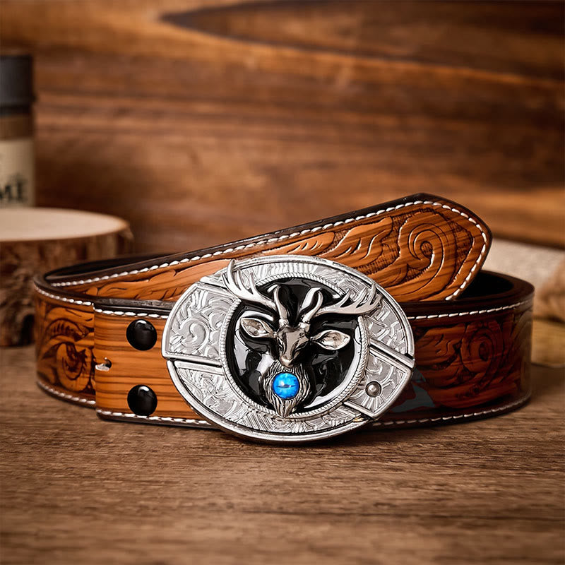 Mystic Stag Head DIY Hidden Folding Knife Buckle Leather Belt - Stag - Brown Feather Belt - 40 - image 7