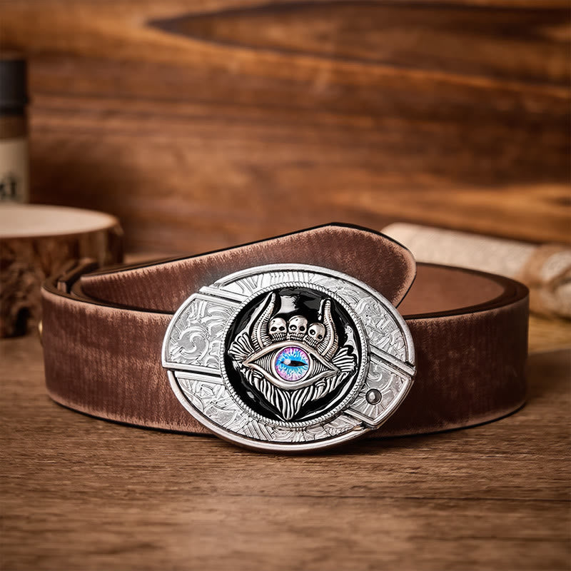Third Eye Triple Skull DIY Hidden Folding Knife Buckle Leather Belt - Third Eye - Brown Distressed Belt - 42 - image 5