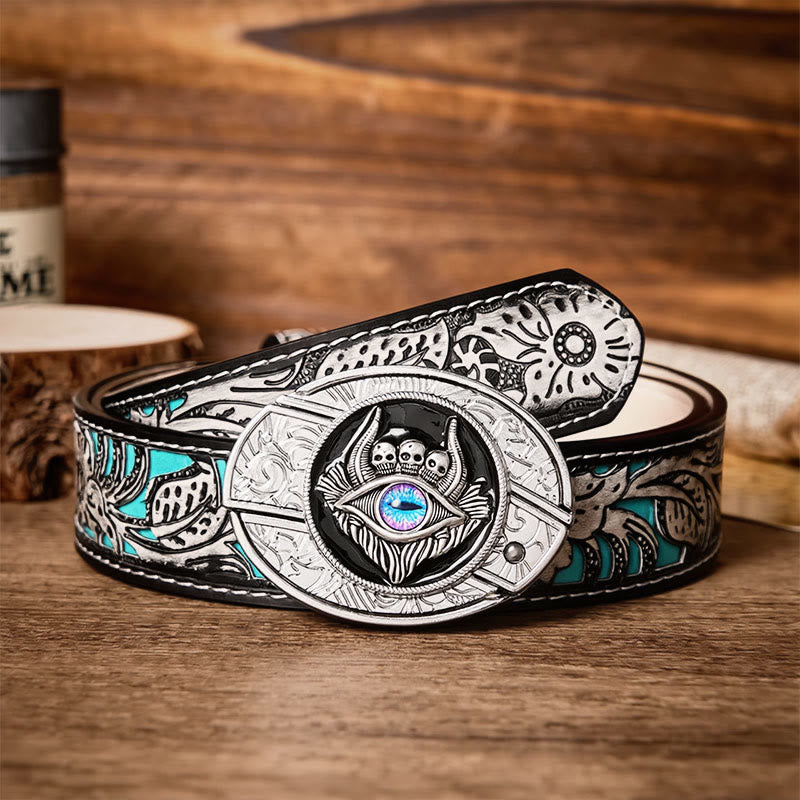 Third Eye Triple Skull DIY Hidden Folding Knife Buckle Leather Belt - Third Eye - Gray Floral Belt - 42 - image 8
