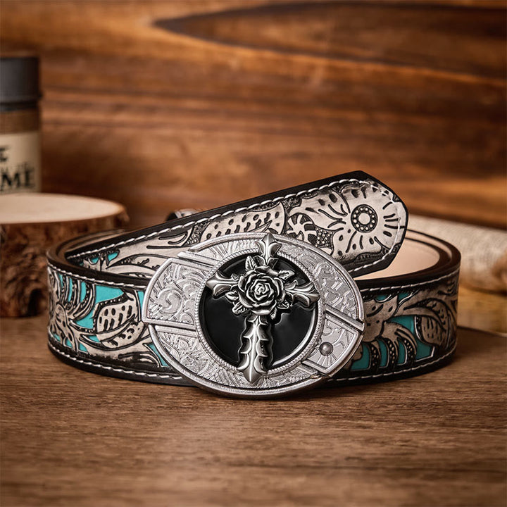 Black Rose Cross DIY Hidden Folding Knife Buckle Leather Belt - Rose Cross - Gray Floral Belt - 42 - image 8