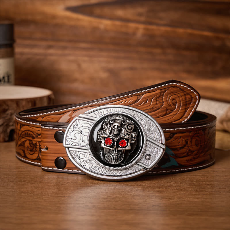 Red-Eyed Demon Skull DIY Hidden Folding Knife Buckle Leather Belt - Red-Eyed Skull - Brown Feather Belt - 40 - image 7