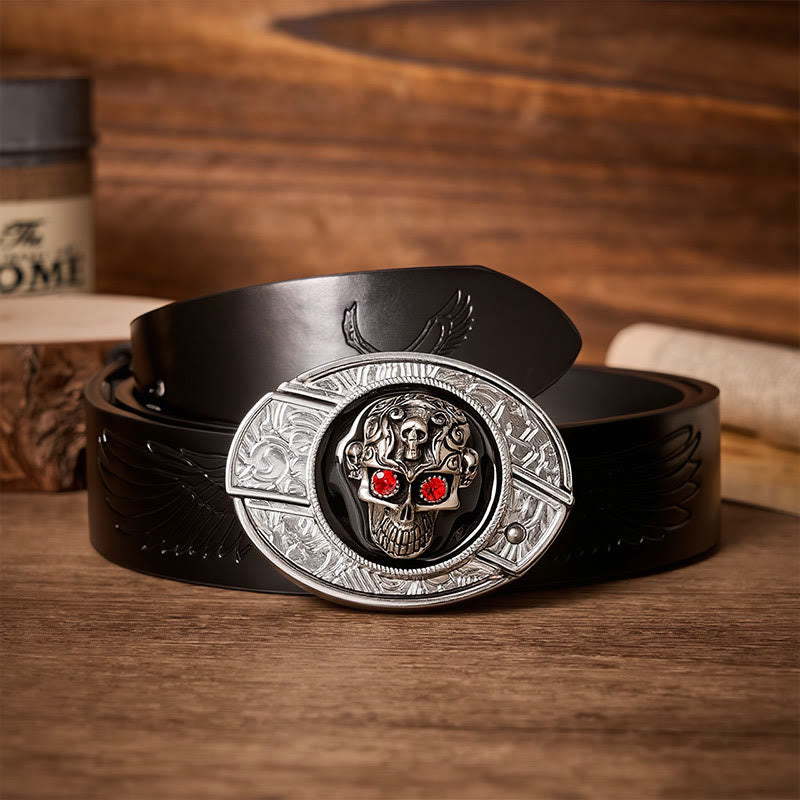 Red-Eyed Demon Skull DIY Hidden Folding Knife Buckle Leather Belt - Red-Eyed Skull - Black Embossed Eagle Belt - 42 - image 2