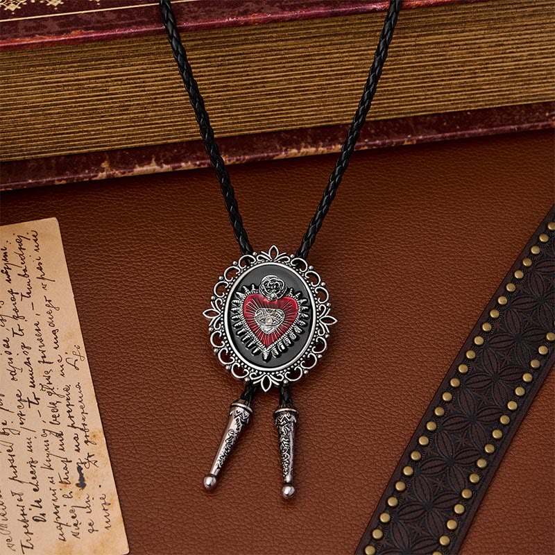 Vintage Floral Oval Sacred Heart Eye Rose Bolo Tie - Red&Black - image 0
