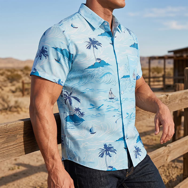 Men's Hawaiian Beach Holiday Print Button Down Shirt - Sky Blue - 5XL - image 0
