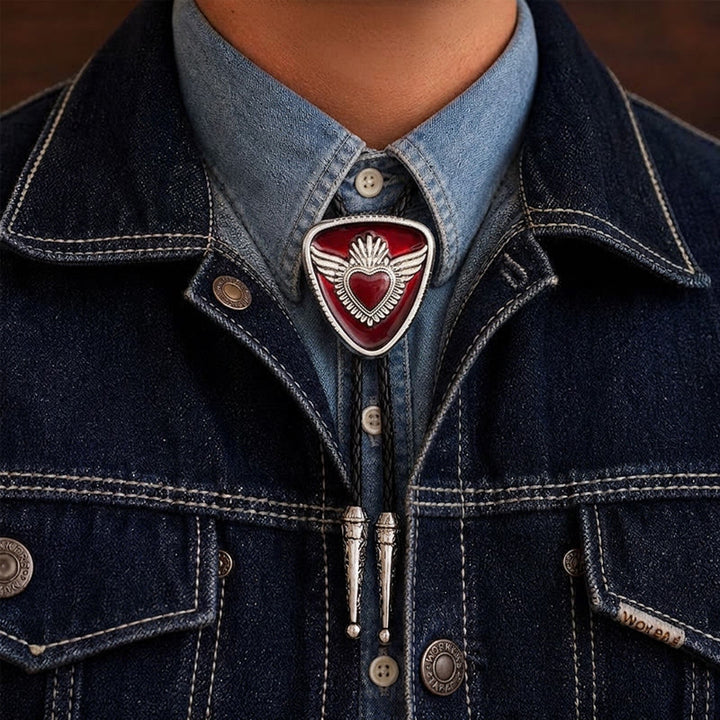 Retro Western Winged Sacred Heart Bolo Tie - Red - image 1
