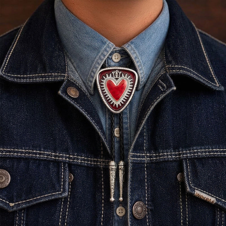 Vintage Shield Shape Sacred Heart Crown Bolo Tie - Red - image 1
