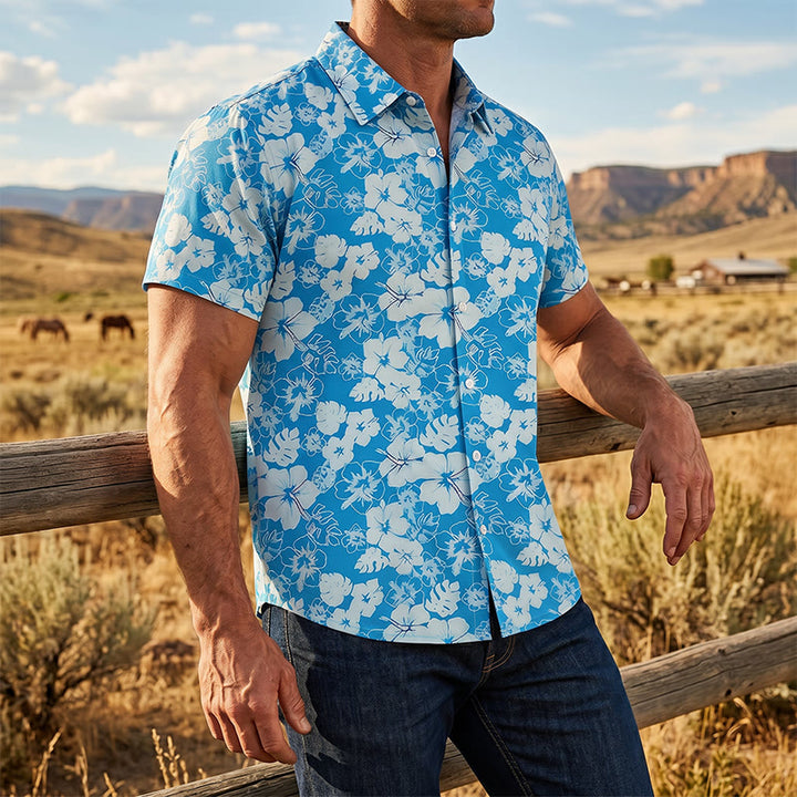 Men's Two-Tone Blue Hibiscus Floral Print Casual Beach Shirts - Multicolor - 5XL - image 0