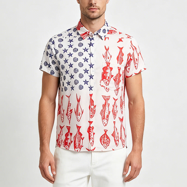 Patriotic American Flag & Fish Print Short Sleeve Shirt - image 1