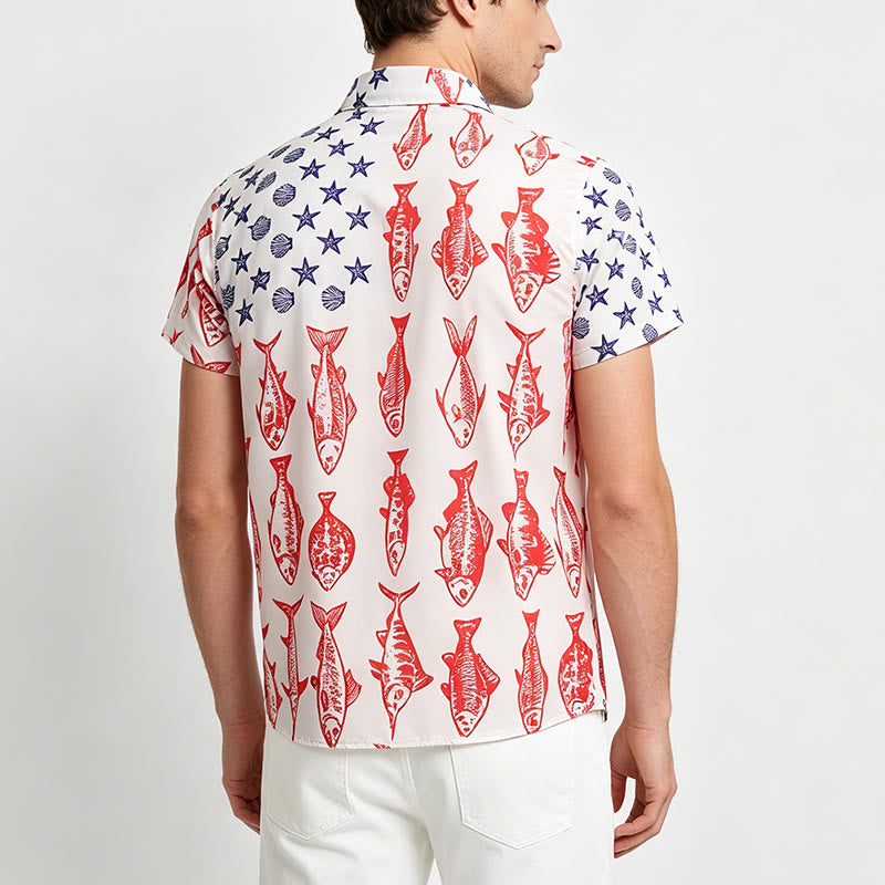 Patriotic American Flag & Fish Print Short Sleeve Shirt - image 3