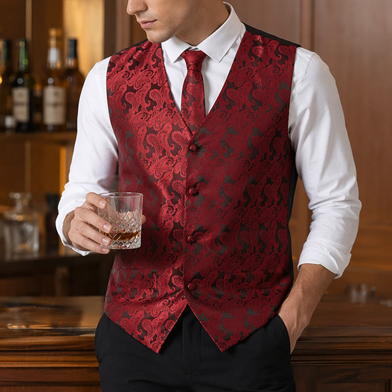 Men's All-match Paisley Pattern Waistcoat 3-in-1 Outfit Set Suit Vest - Wine - 3XL - image 0