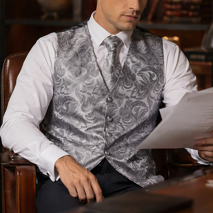 Men's All-match Paisley Pattern Waistcoat 3-in-1 Outfit Set Suit Vest - Silver Grey - 3XL - image 6