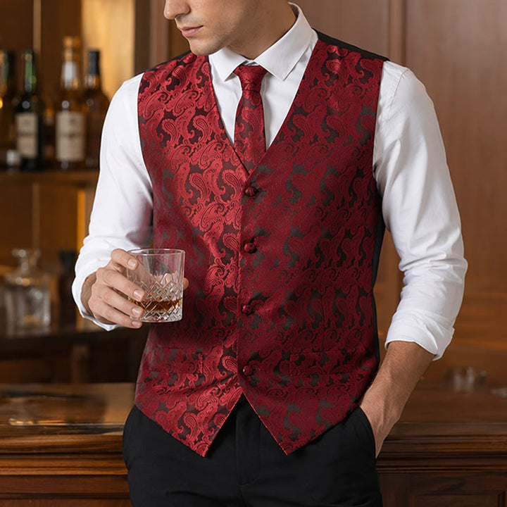 Men's All-match Paisley Pattern Waistcoat 4-in-1 Outfit Set Suit Vest - Wine - 3XL - image 0