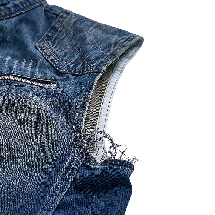 Men's Urban Rebel Zipper Biker Style Washed Denim Vest - image 7