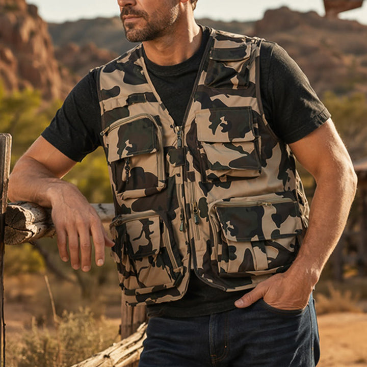 Camo Hunting Multi-Pocket Lightweight Mesh Lined Utility Vest - Khaki Camo - 7XL - image 0