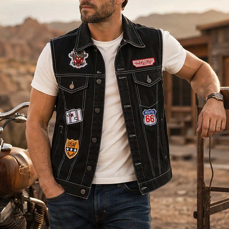 Highway Rebel Patchwork Black Denim Vest - Black - 5XL - image 0