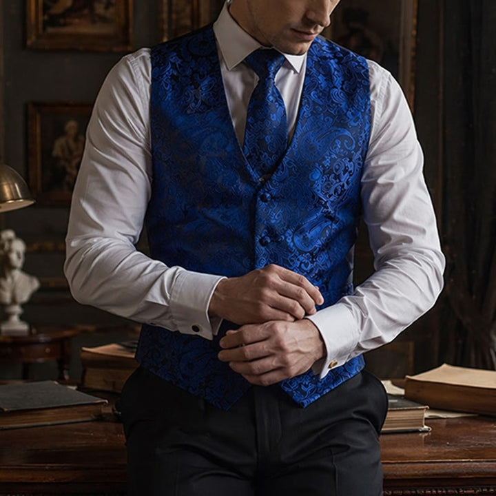 Men's Vintage Paisley Jacquard Waistcoat Set  Formal Suit Vest - Dark Blue - 3XL - image 4