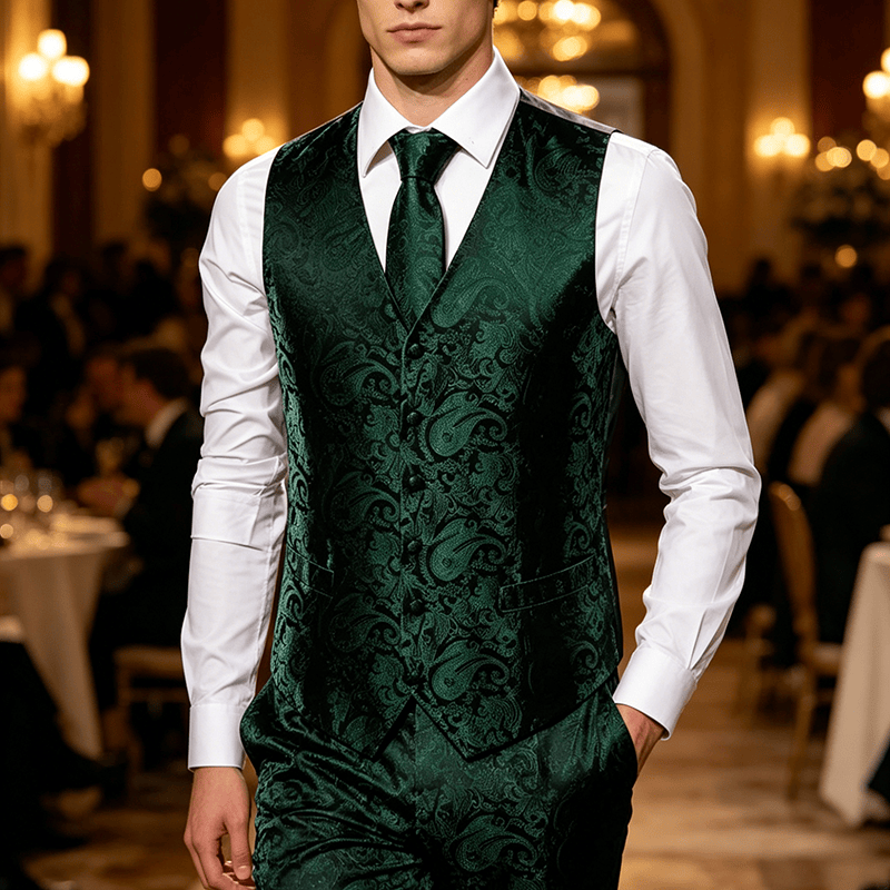 Men's Vintage Paisley Jacquard Waistcoat Set  Formal Suit Vest - Dark Green - 3XL - image 5