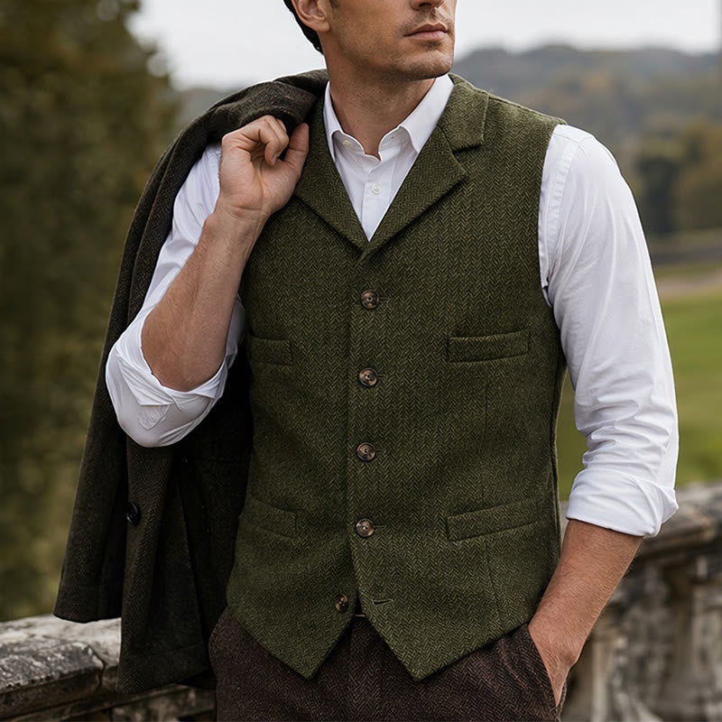 Men's Herringbone Suit Lape with Decorative Chain Suit Vest - Army Green - 4XL - image 15
