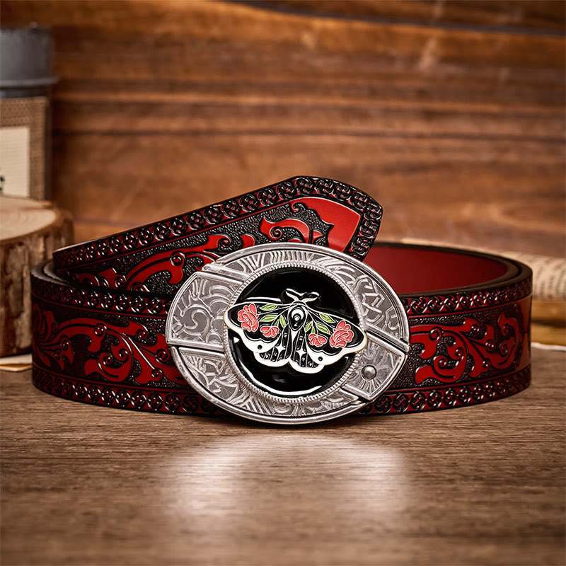 Rose Moth Gothic DIY Hidden Folding Knife Buckle Leather Belt - Rose Moth - Brown Carved Belt - 42 - image 6