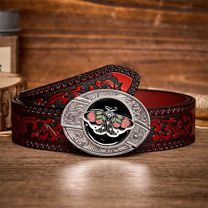 Rose Moth Gothic DIY Hidden Folding Knife Buckle Leather Belt - Rose Moth - Brown Carved Belt - 42 - image 6