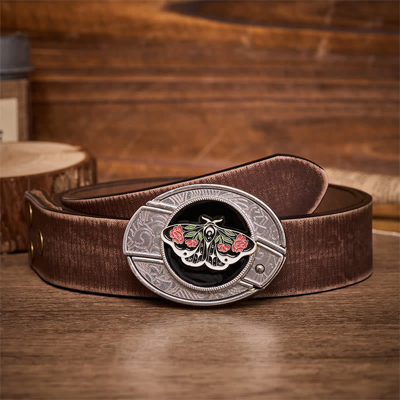 Rose Moth Gothic DIY Hidden Folding Knife Buckle Leather Belt - Rose Moth - Brown Distressed Belt - 42 - image 5