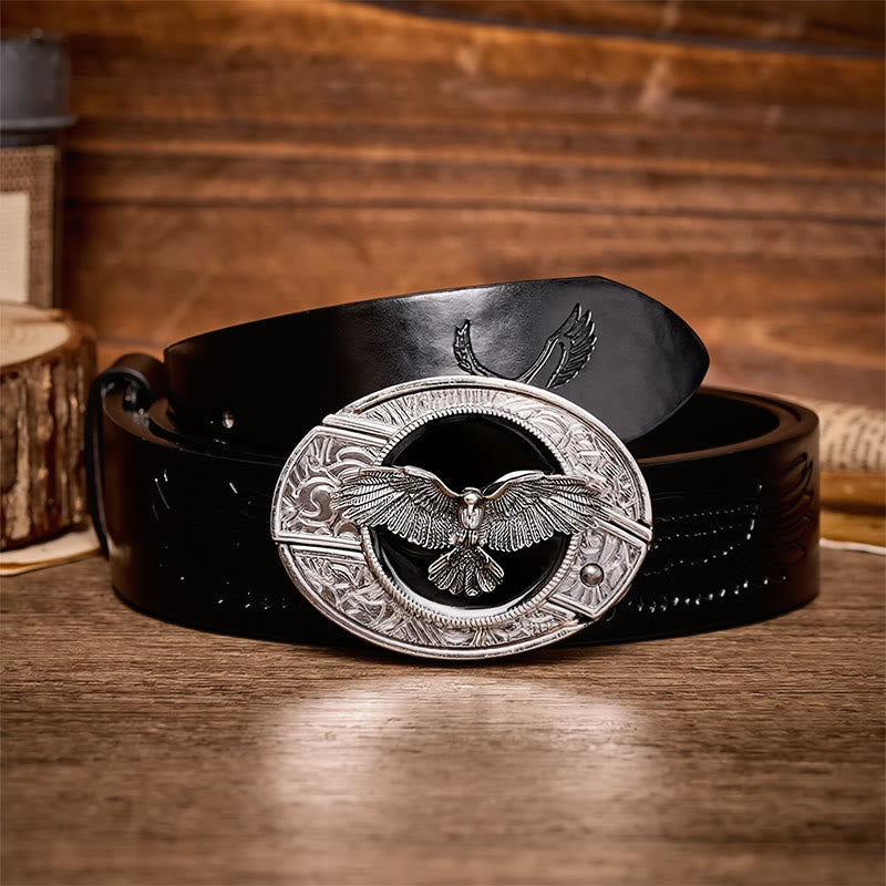 Black Freedom Eagle DIY Hidden Folding Knife Buckle Leather Belt - Eagle - Black Embossed Eagle Belt - 42 - image 2