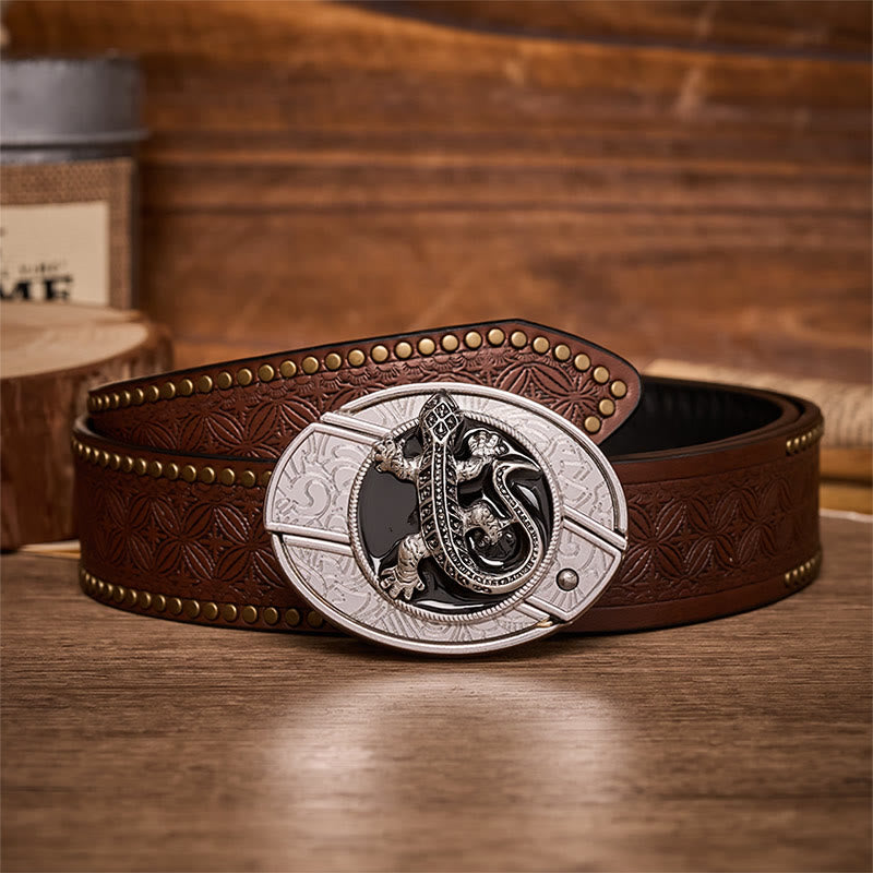 Desert Lizard DIY Hidden Folding Knife Buckle Leather Belt - Lizard - Brown Rivet Belt - 42 - image 4