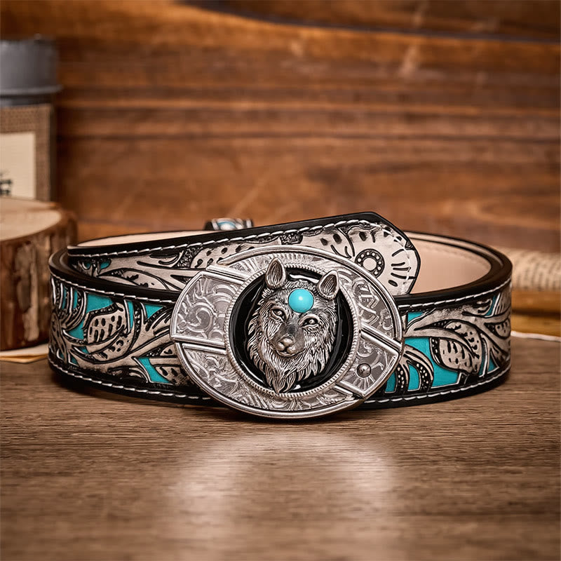 Turquoise Wolf DIY Hidden Folding Knife Buckle Leather Belt - Wolf - Gray Floral Belt - 42 - image 8