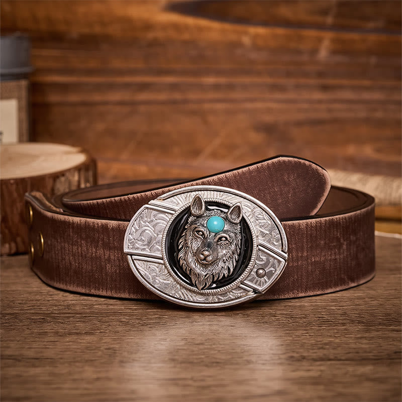 Turquoise Wolf DIY Hidden Folding Knife Buckle Leather Belt - Wolf - Brown Distressed Belt - 42 - image 5