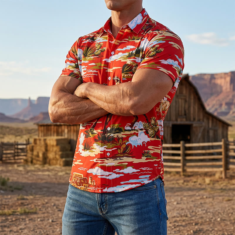 Red Wild West Desert Cowboy & Cactus Art Print Shirt - Red - 6XL - image 0