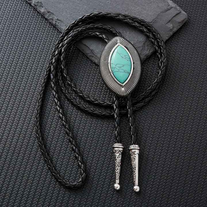 Vintage Antique Twisted Border Oval Cat Eye Stone Bolo Tie - Turquoise - image 3