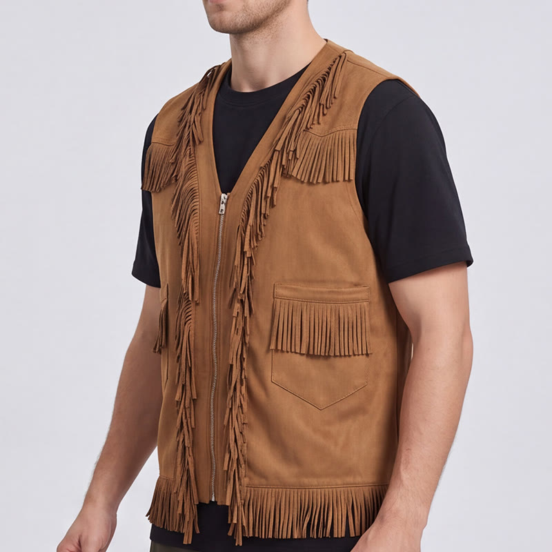 Men's Western Hippie Style Fringe Suede Vest - image 3