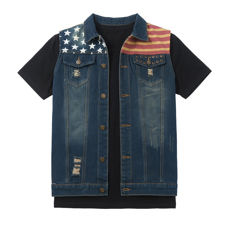 Men's American Flag Distressed Slim Fit Korean Style Denim Vest - image 8