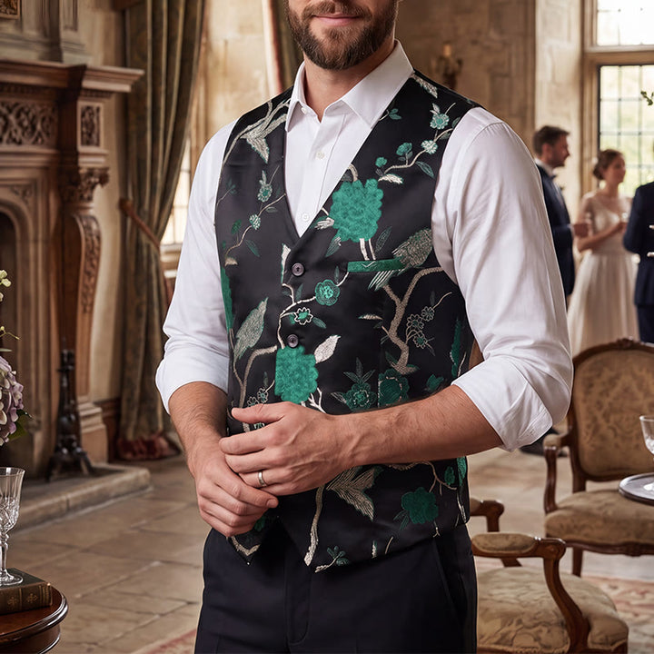 Men's Oriental Floral Jacquard Slim Fit Suit Vest - Green - 4XL - image 5