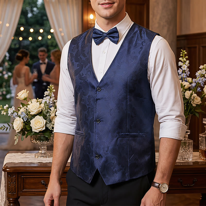 Men's 2Pcs Shiny Paisley Pattern With Bow Tie Suit Vest With Bow Tie - Navy Blue - S - image 5