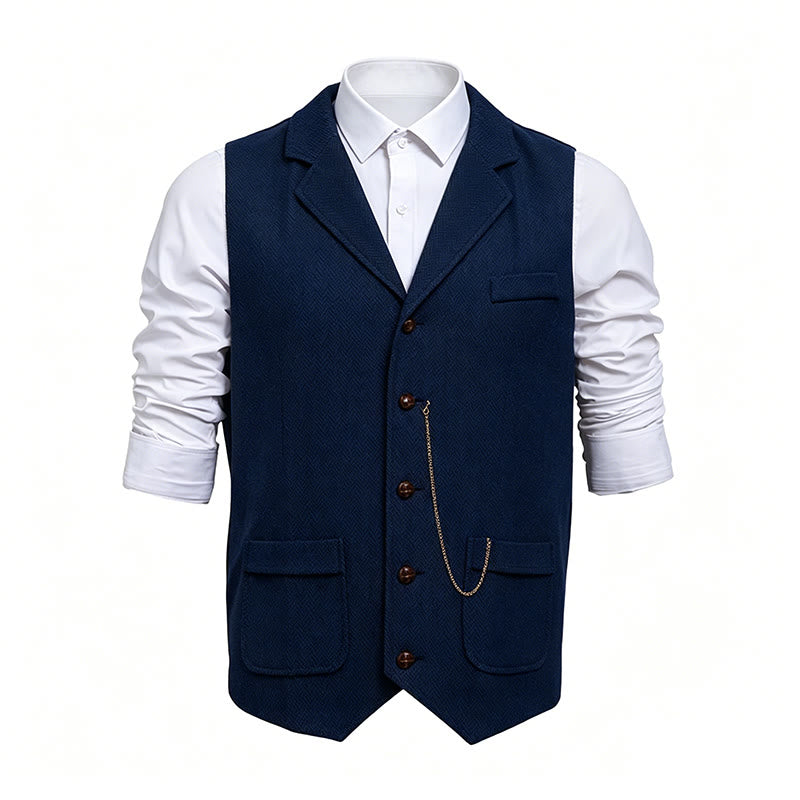 Men's Vintage Herringbone Tweed Suit  Vest - Navy - 2XL - image 4