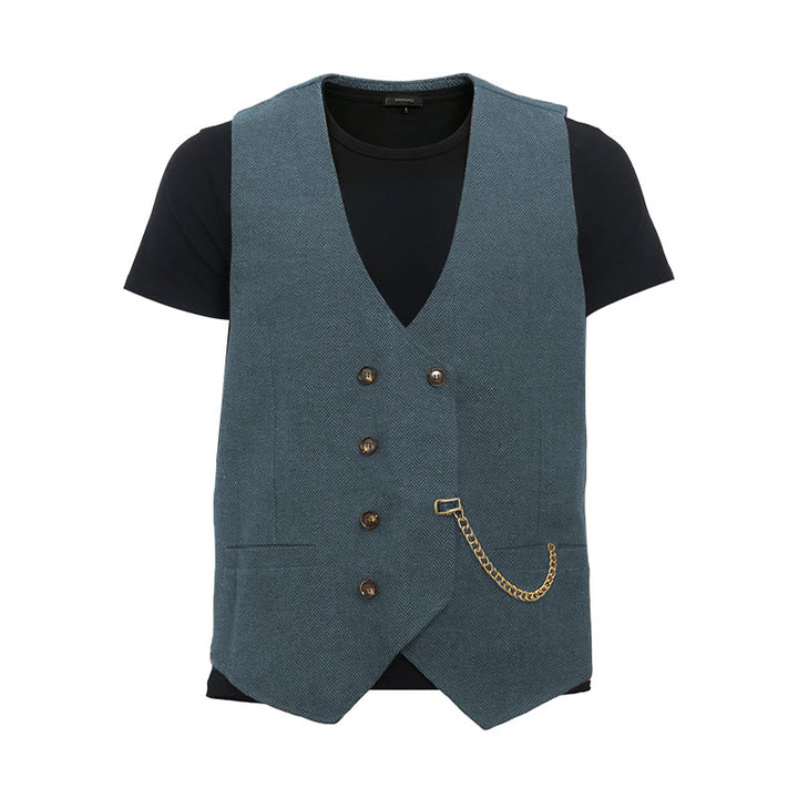 Men's British Retro Double Breasted Suit  Vest - Light Navy - 3XL - image 23