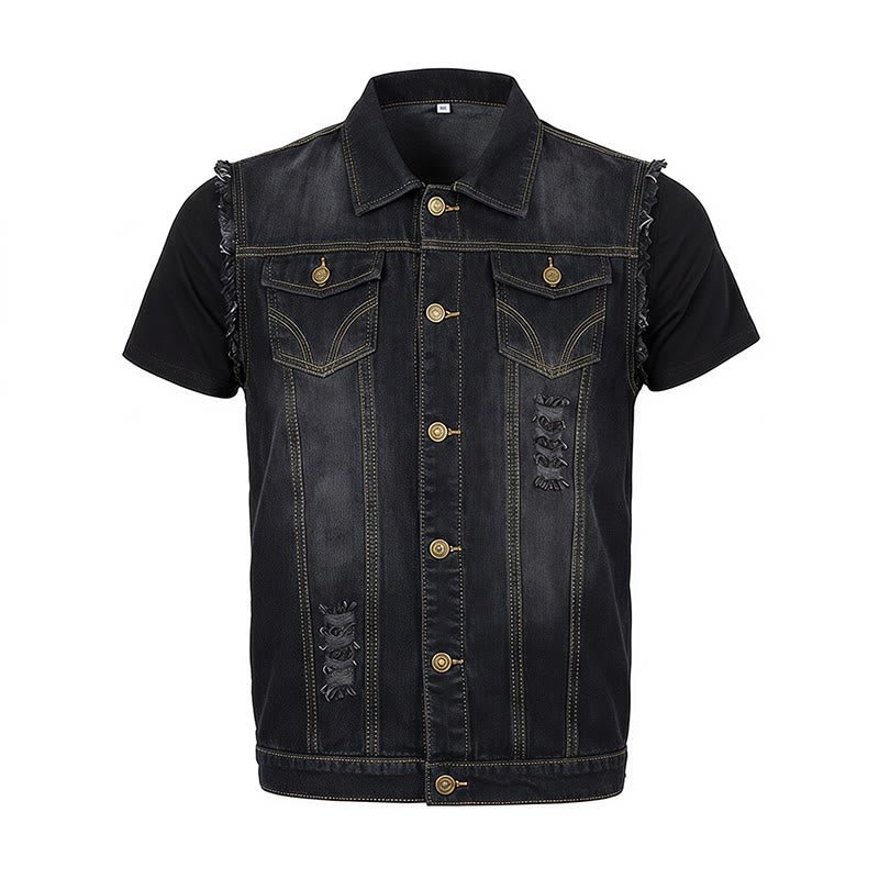Vintage Washed Frayed Hem Trucker Denim Vest - image 11