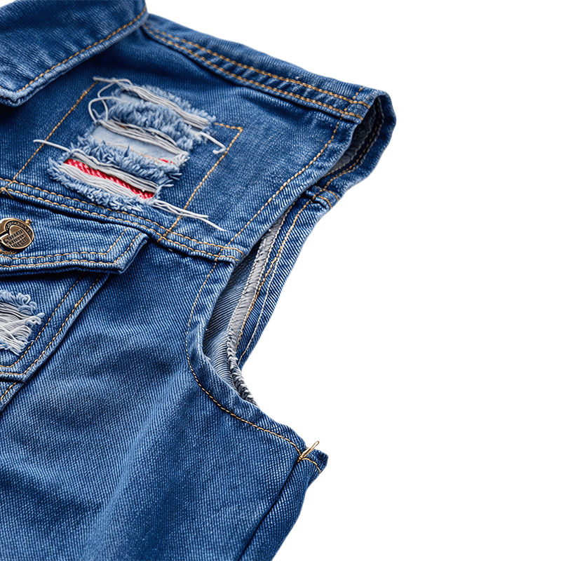 Blue Wash Destroyed Denim Vest With Patchwork - image 8